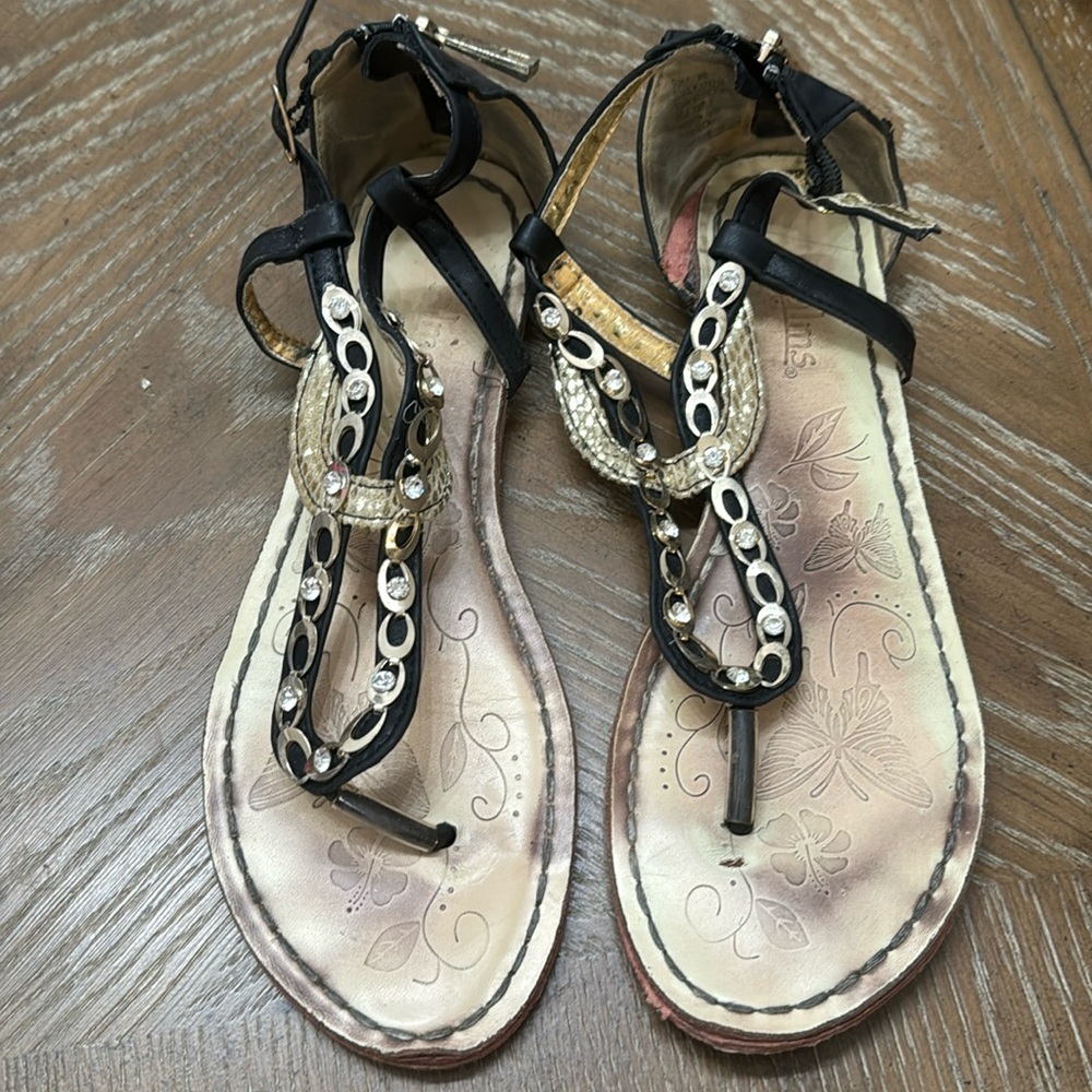 Palms Black and Gold Gladiator Sandals, 8.5